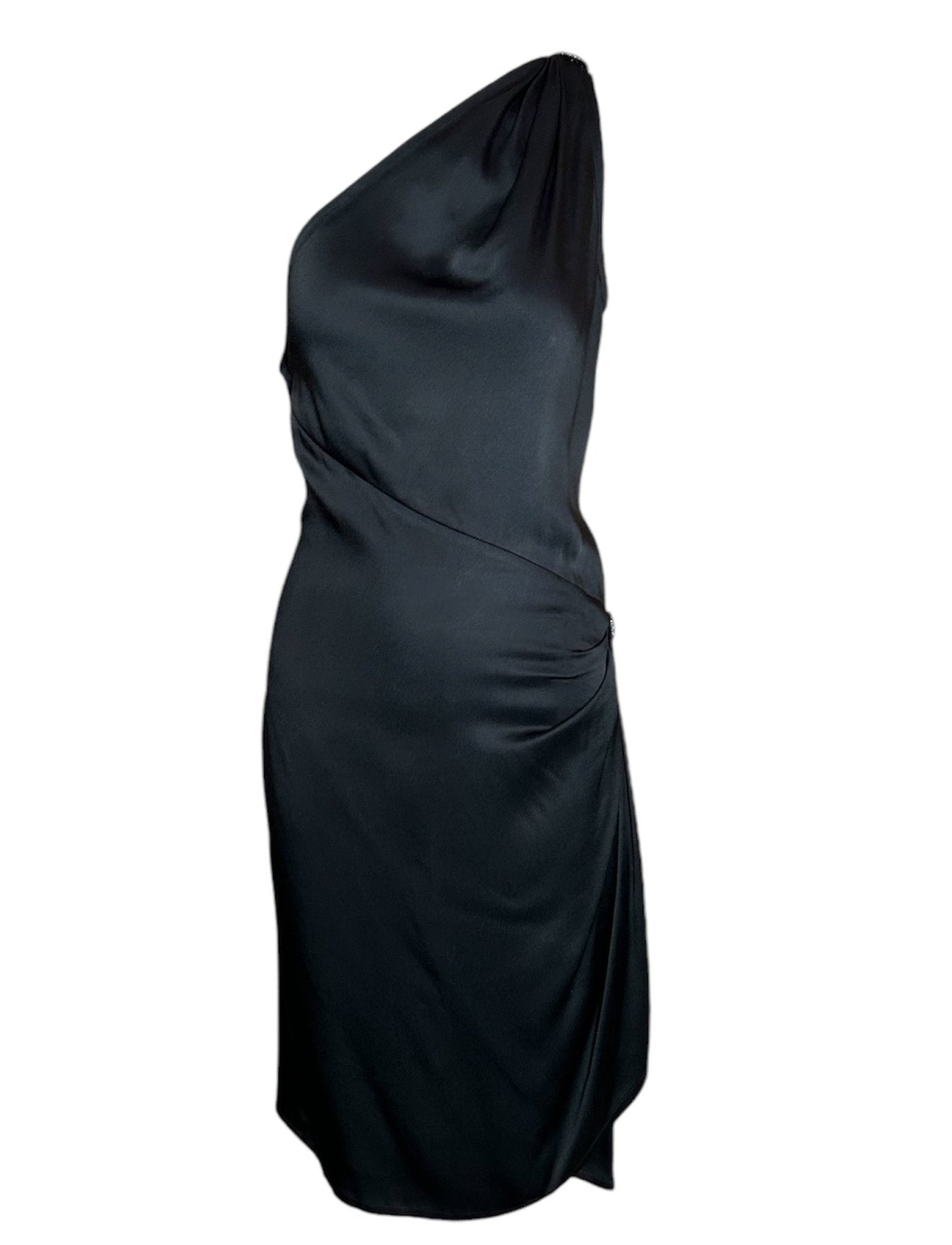 YSL Rive Gauche 1998 Black One Shoulder Ruched Hip Cocktail Dress FRONT PHOTO 1 OF 6