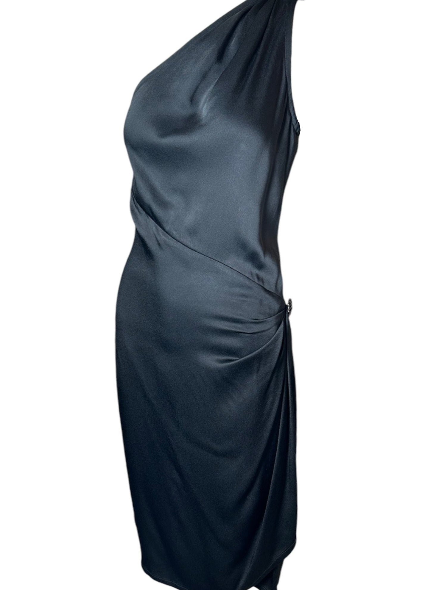 YSL Rive Gauche 1998 Black One Shoulder Ruched Hip Cocktail Dress PROFILE PHOTO SIDE 2 OF 6