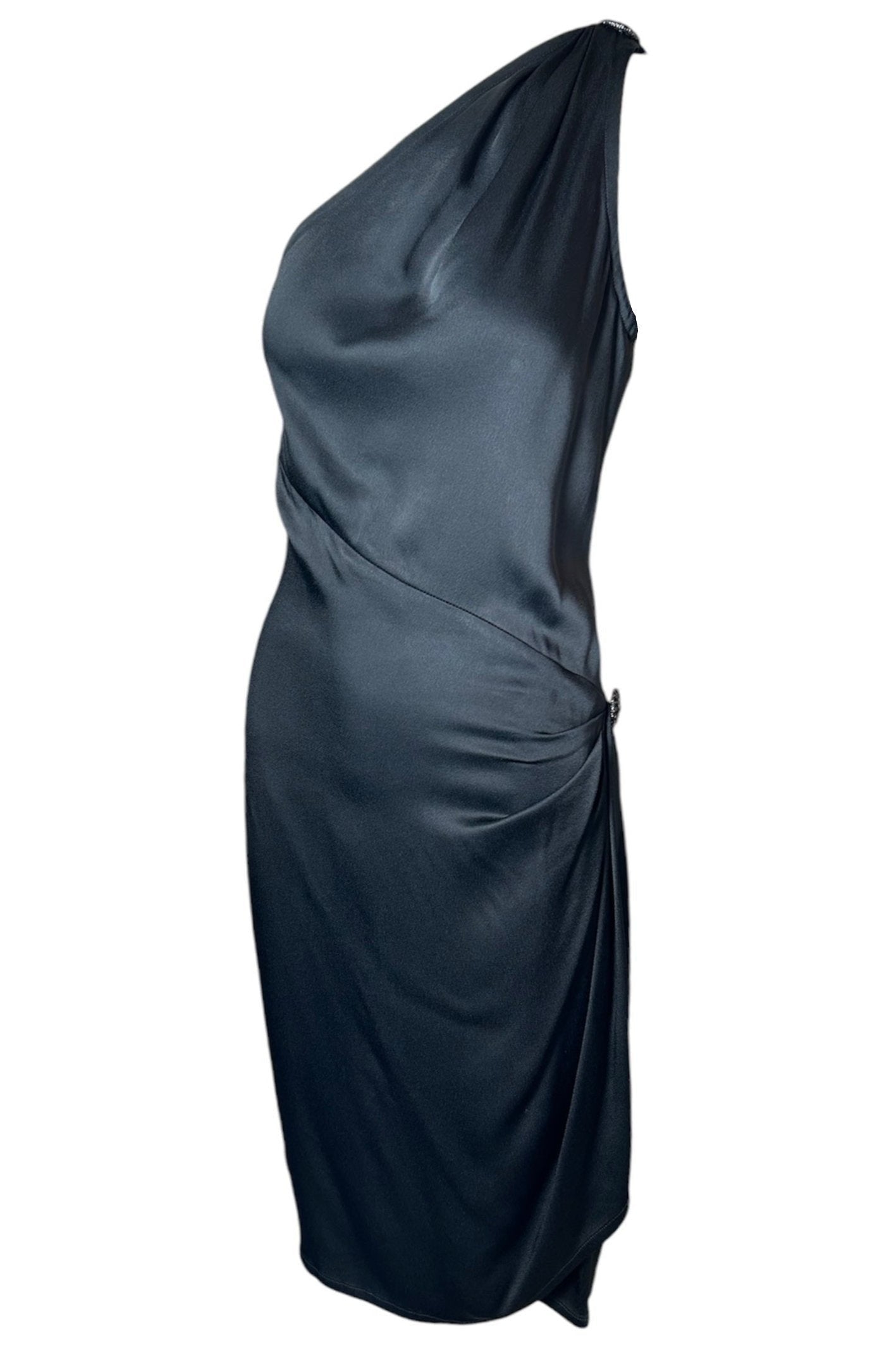 YSL Rive Gauche 1998 Black One Shoulder Ruched Hip Cocktail Dress PROFILE PHOTO SIDE 2 OF 6