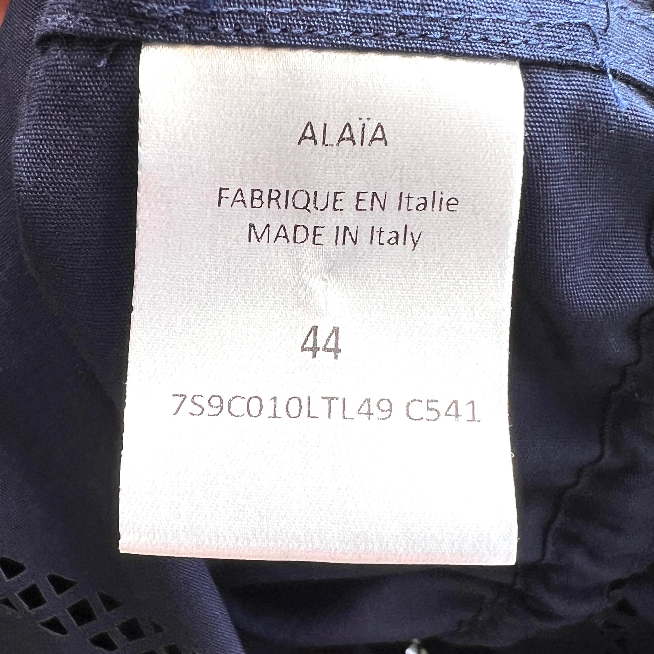 Alaïa Navy Blue Poplin Chevron Eyelet Shirt Dress, tag