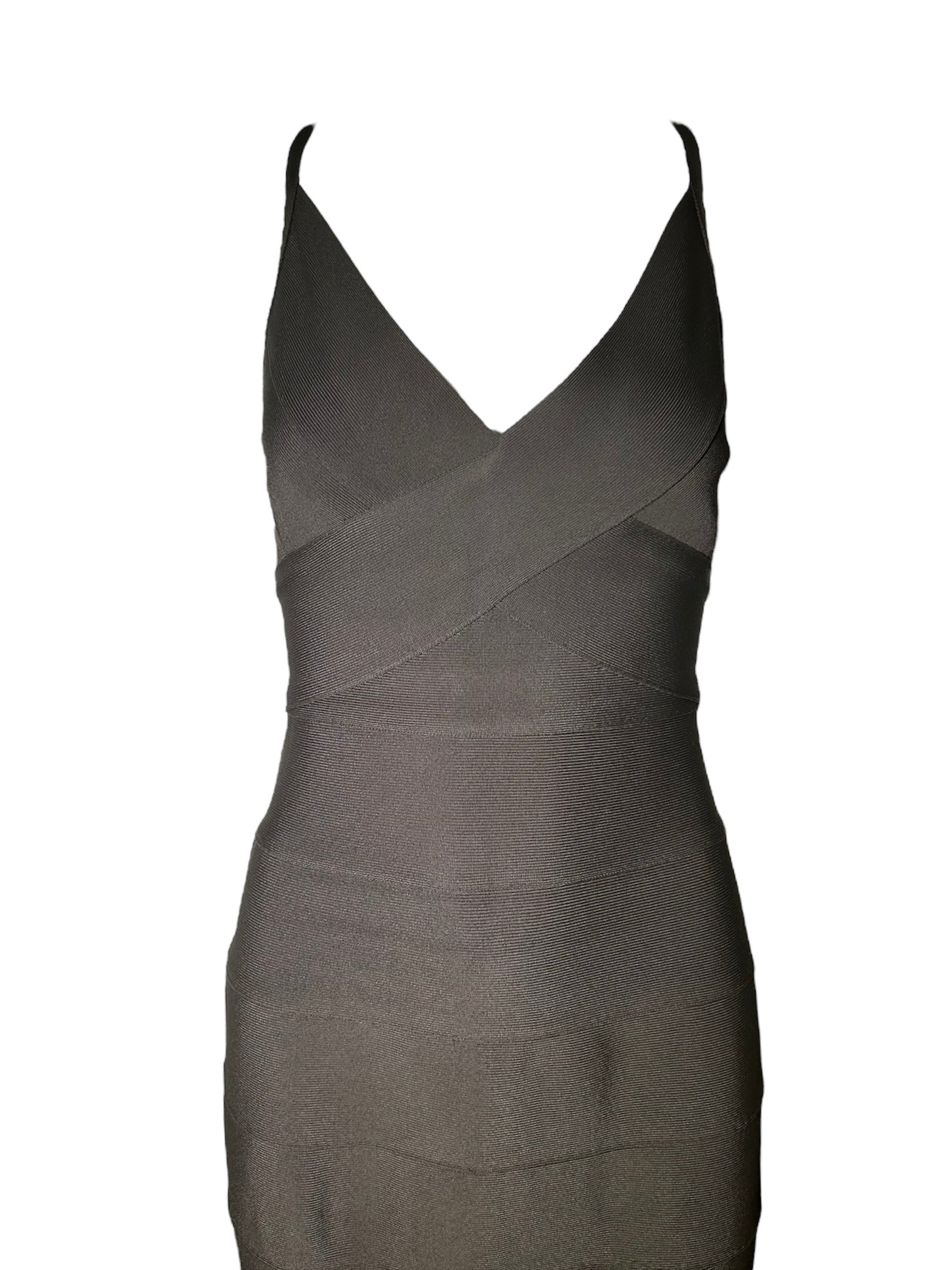  Herve Leger Couture Iconic 90s Bandage Dress in Dark Taupe FRONT DETAIL PHOTO 2 OF 5