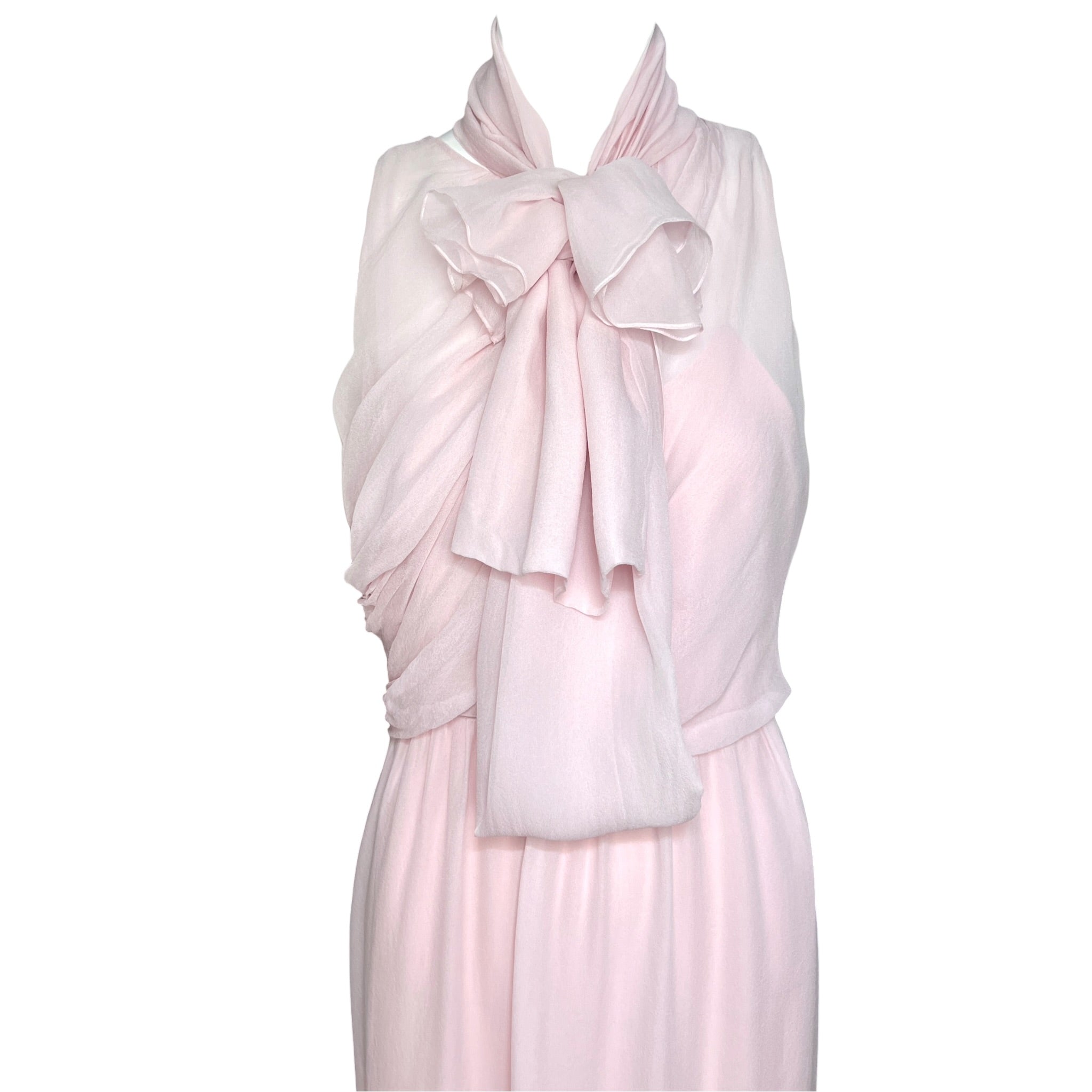 1990's Pale Pink Silk Chiffon Goddess Gown with Tie Neck Scarf, top to waist
