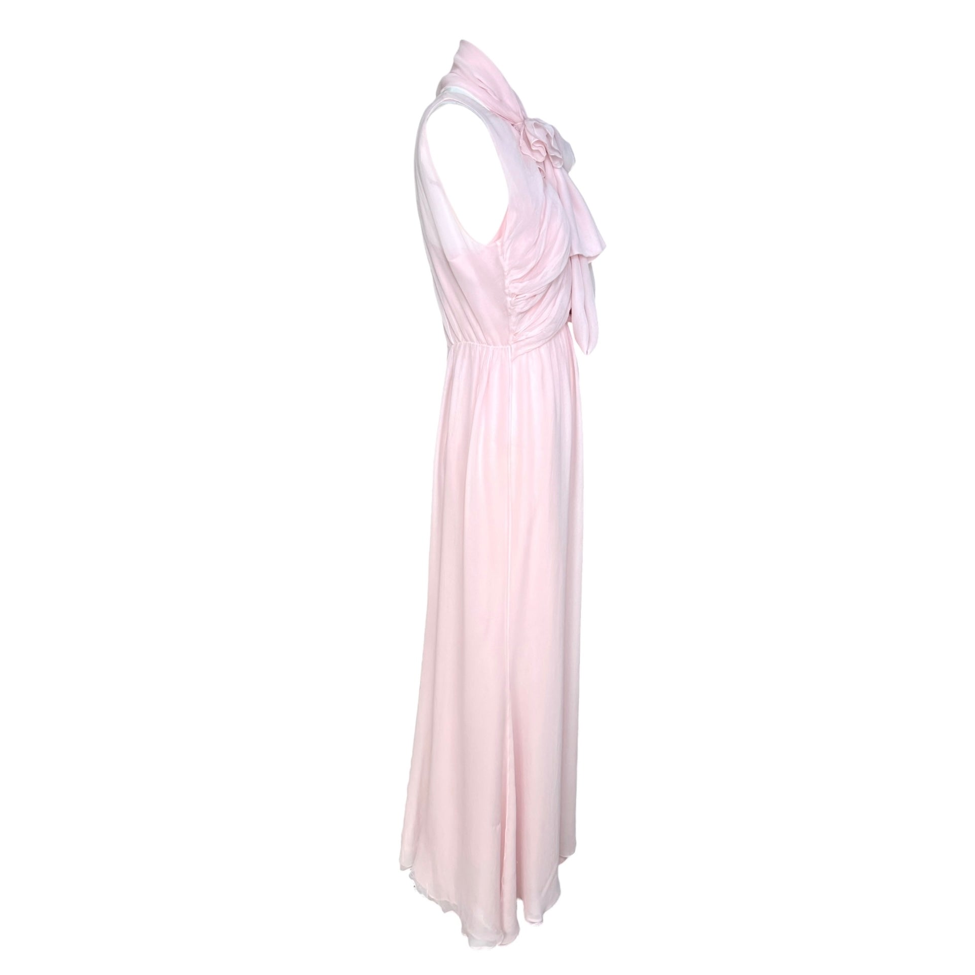 1990's Pale Pink Silk Chiffon Goddess Gown with Tie Neck Scarf, side 5