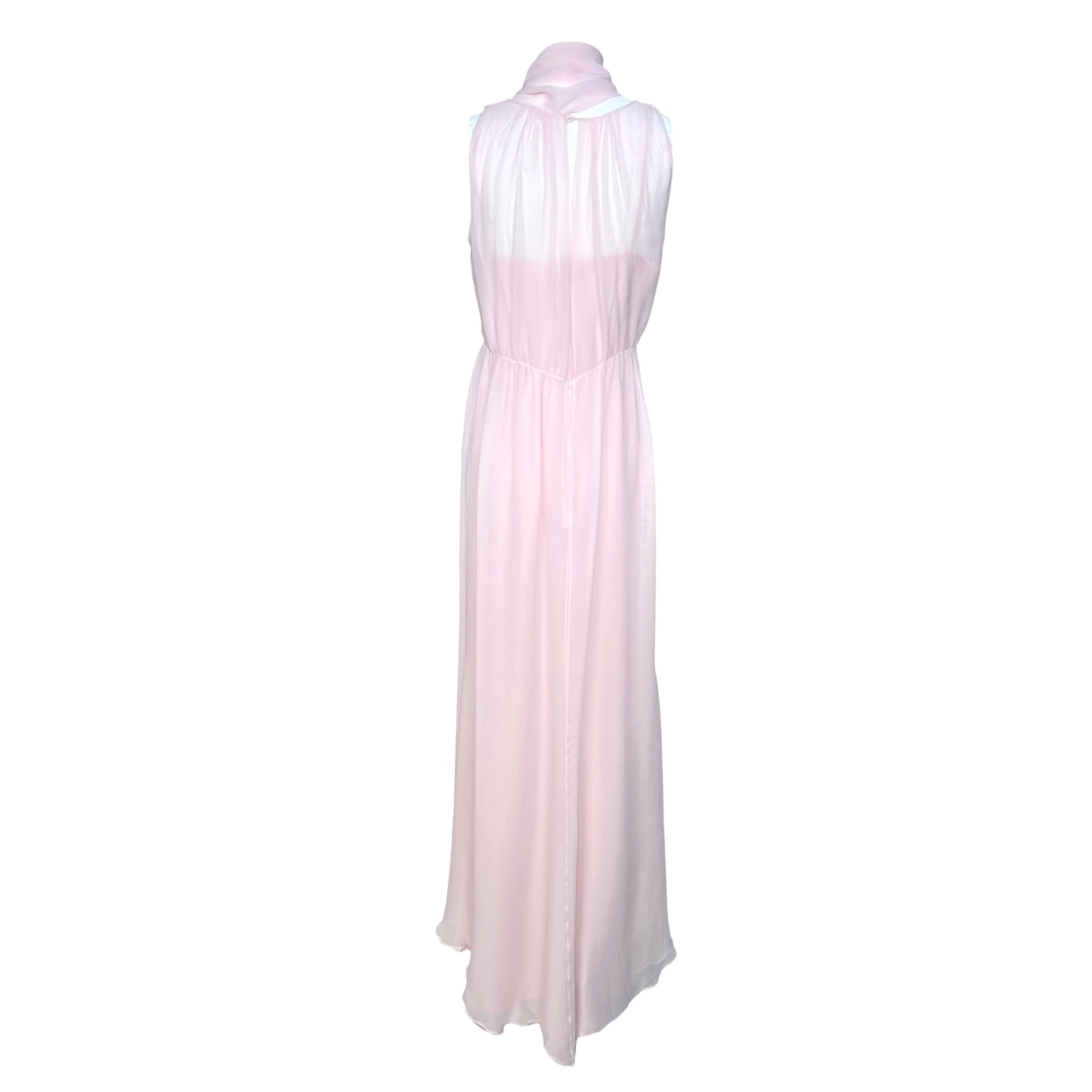 1990's Pale Pink Silk Chiffon Goddess Gown with Tie Neck Scarf, back without