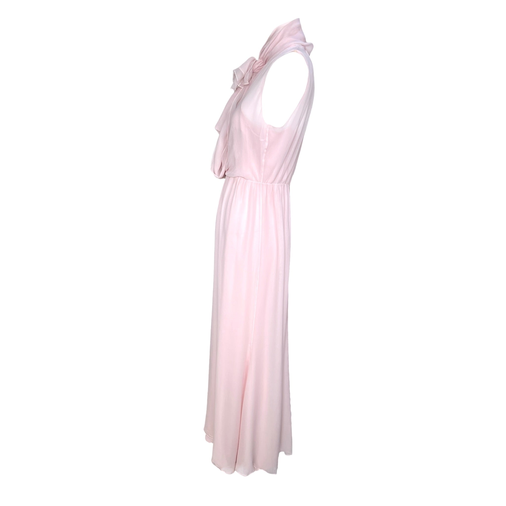 1990's Pale Pink Silk Chiffon Goddess Gown with Tie Neck Scarf, side 4