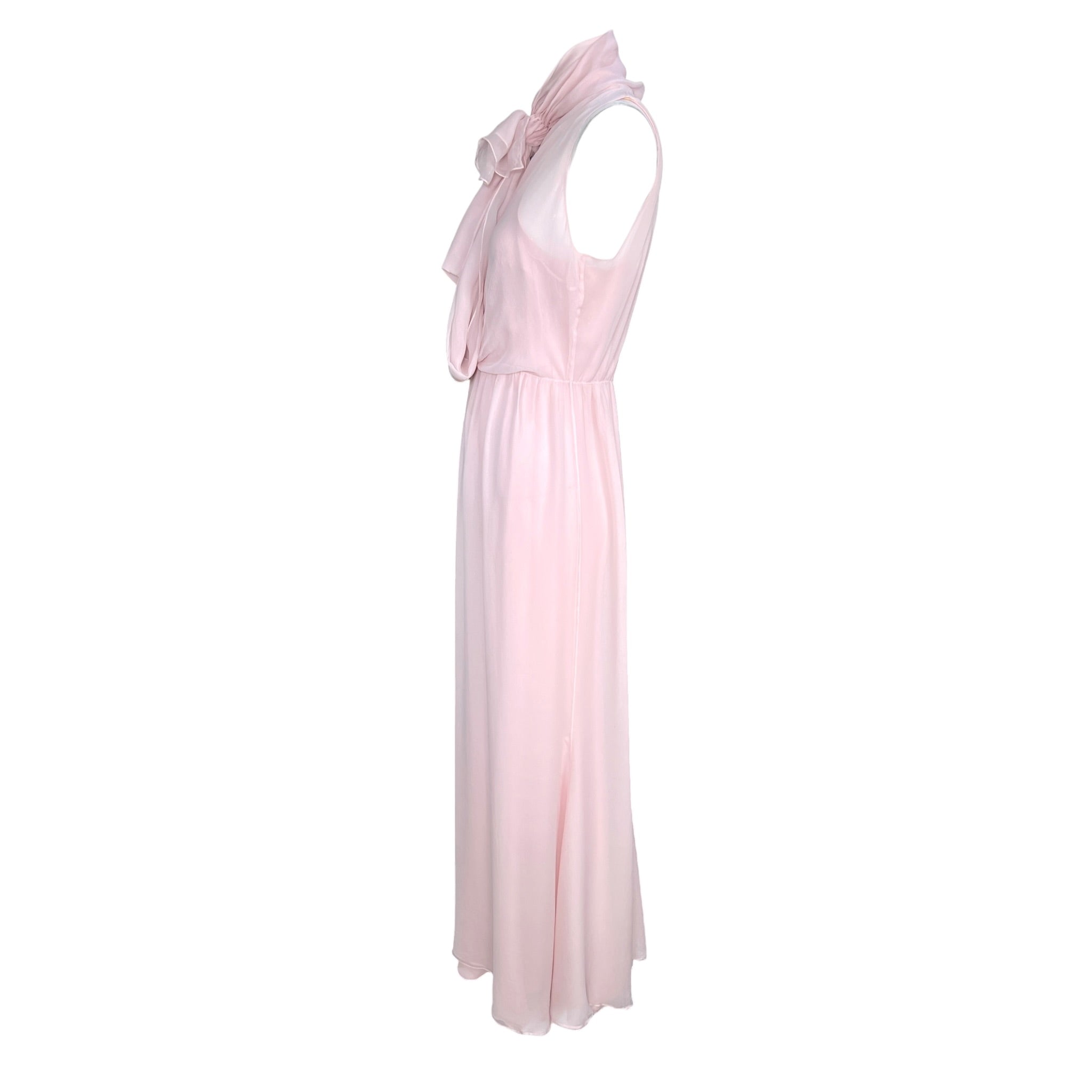 1990's Pale Pink Silk Chiffon Goddess Gown with Tie Neck Scarf, side