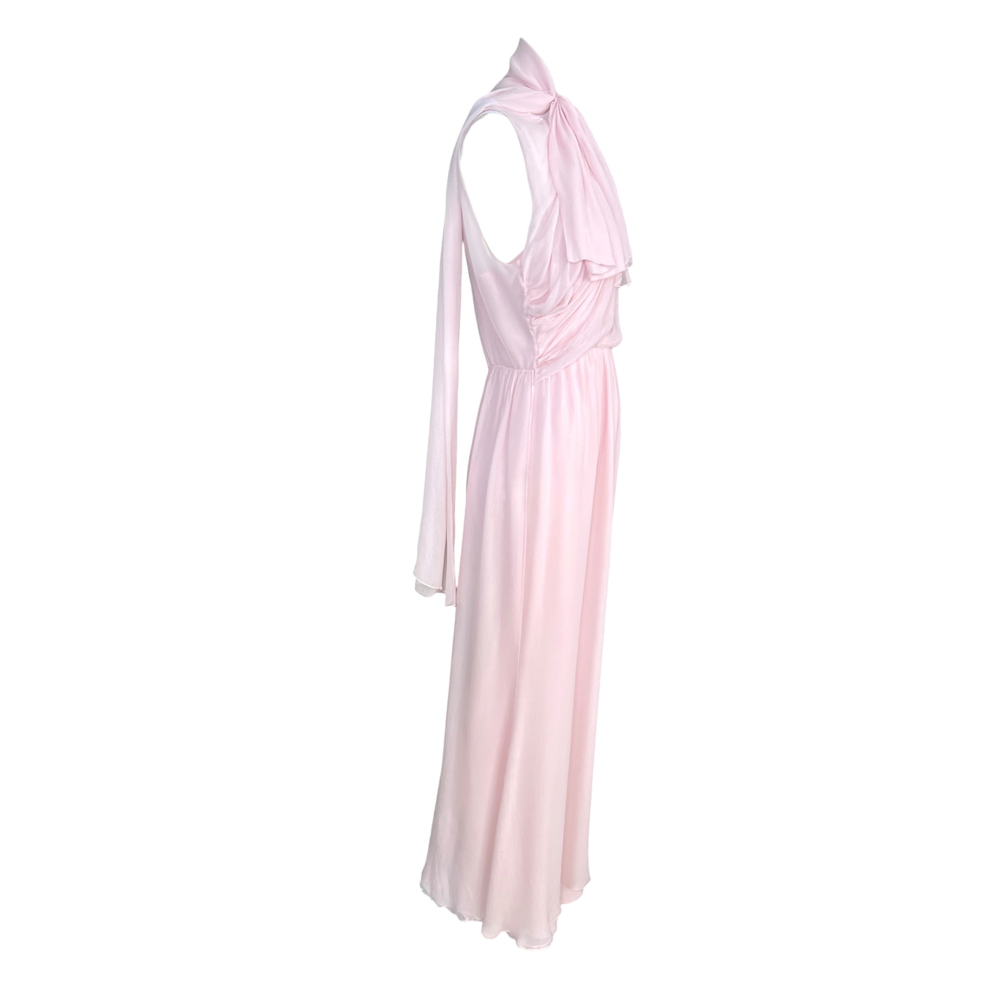 1990's Pale Pink Silk Chiffon Goddess Gown with Tie Neck Scarf, side 2