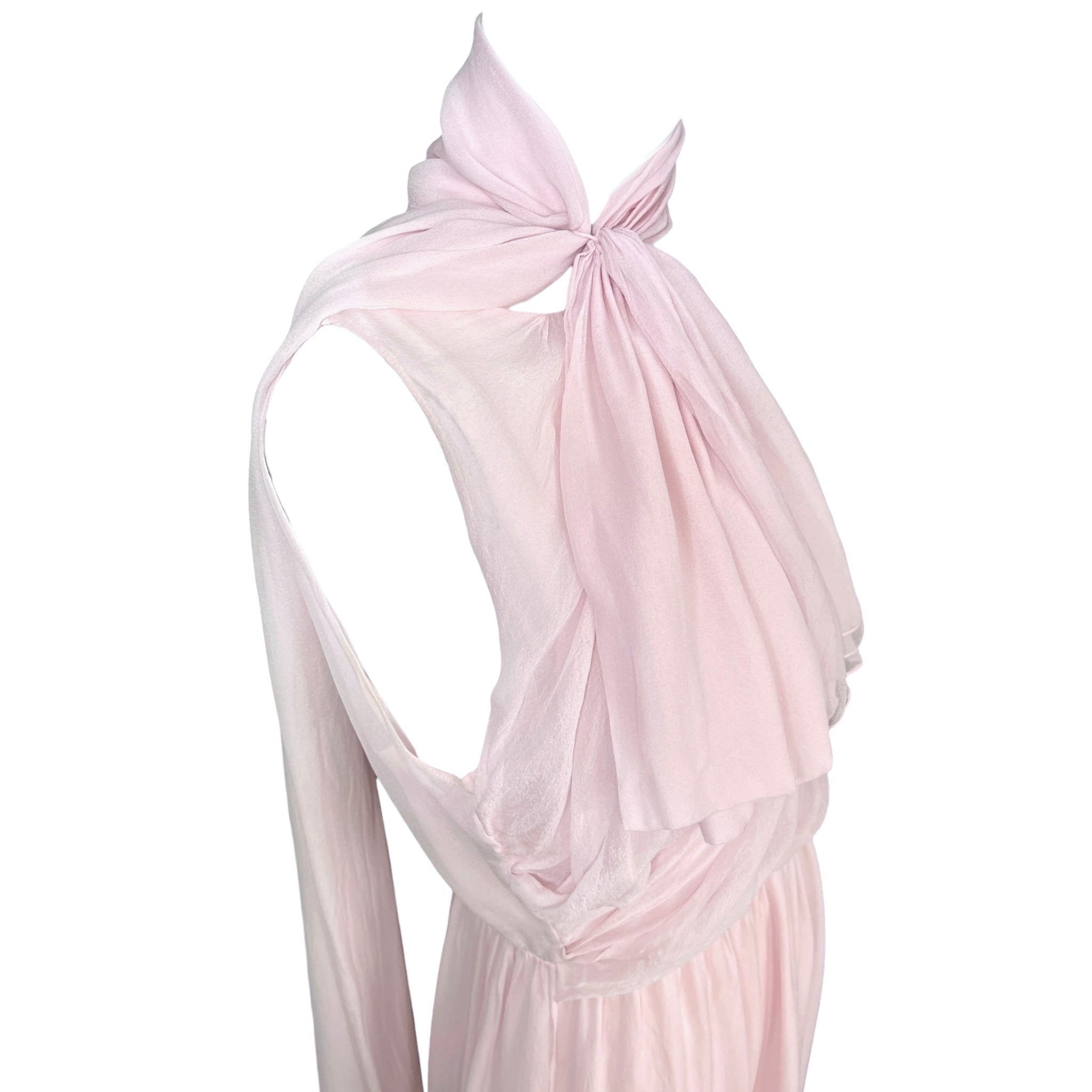 1990's Pale Pink Silk Chiffon Goddess Gown with Tie Neck Scarf, top slight side