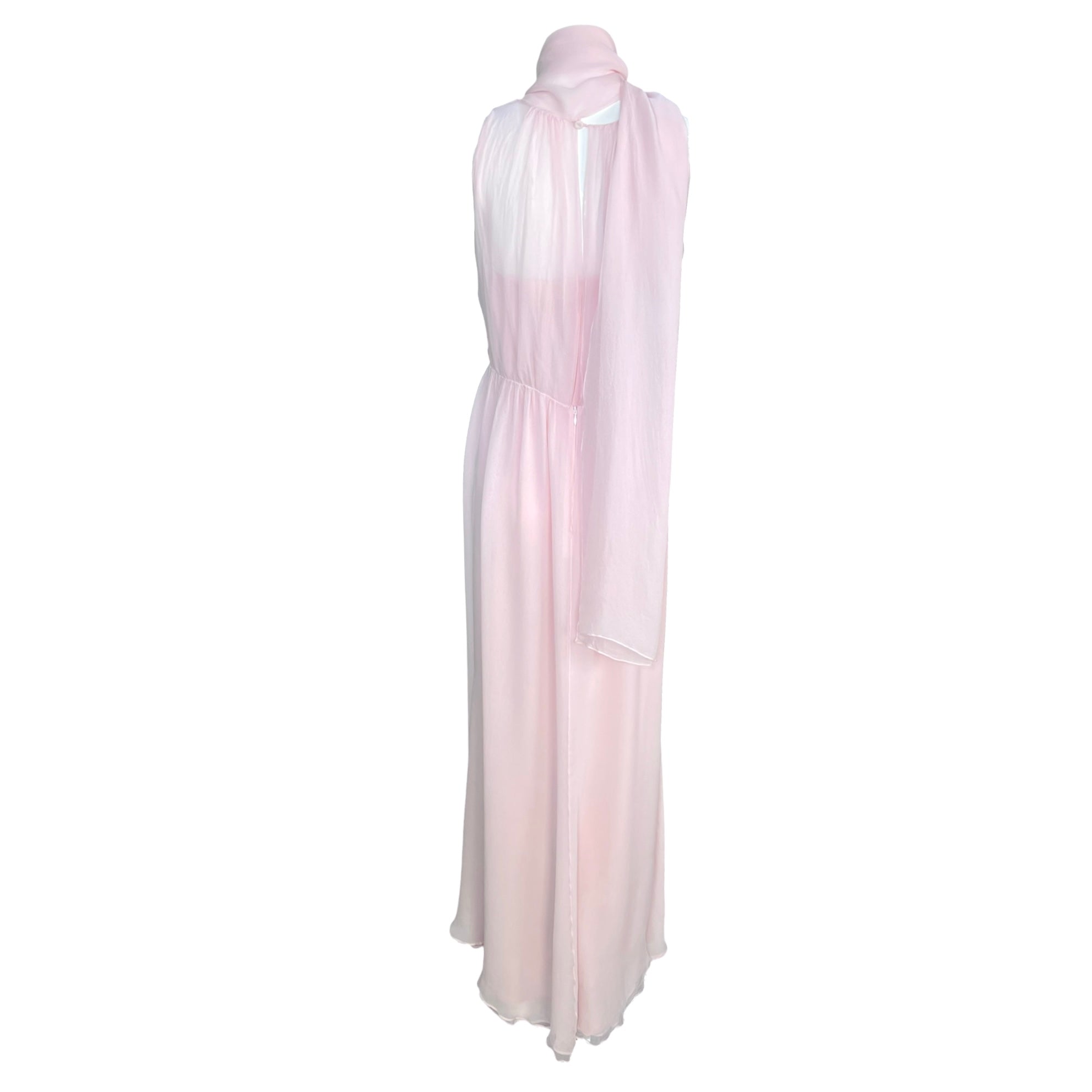1990's Pale Pink Silk Chiffon Goddess Gown with Tie Neck Scarf, back