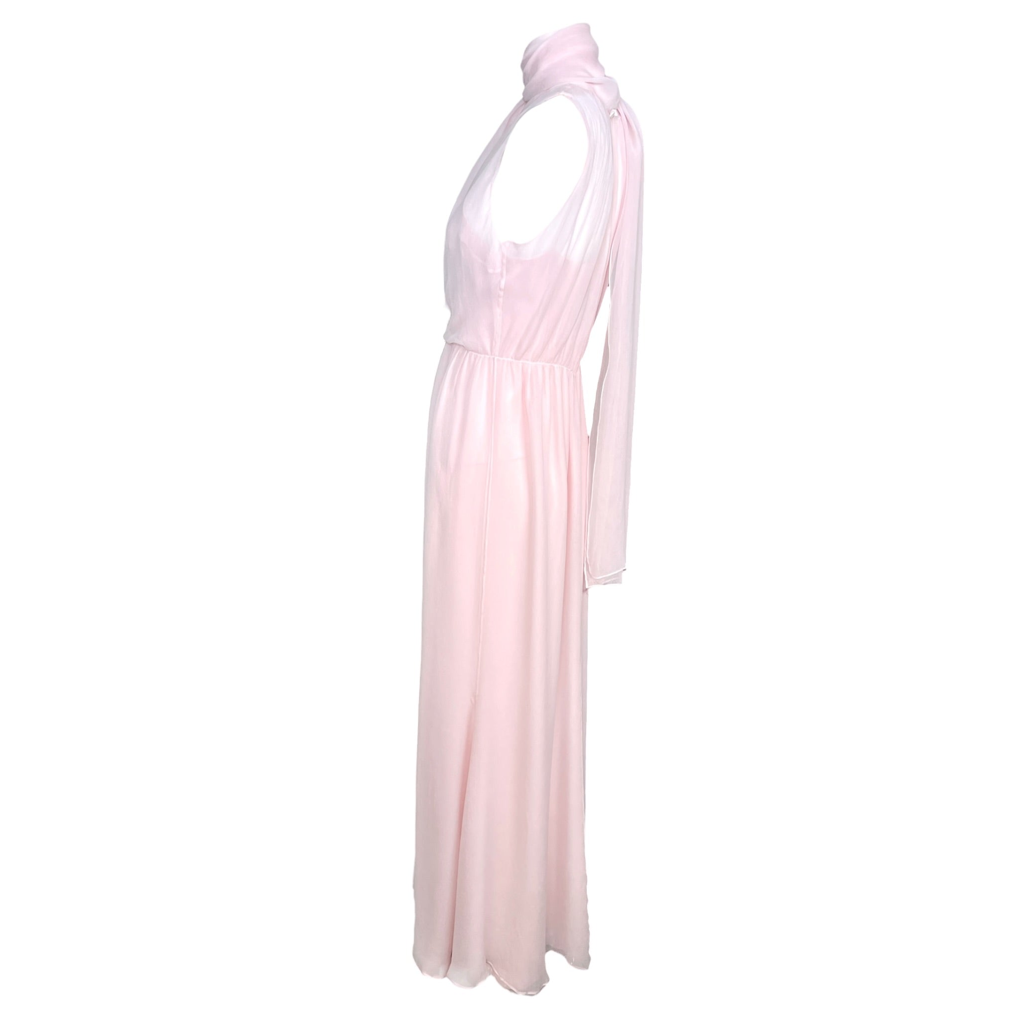 1990's Pale Pink Silk Chiffon Goddess Gown with Tie Neck Scarf, side 3