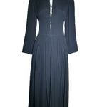 Galanos 70s Black Maxi Gown With Tie Up Bodice and Lattice Ruche Detailing FRONT PHOTO 1 OF 6