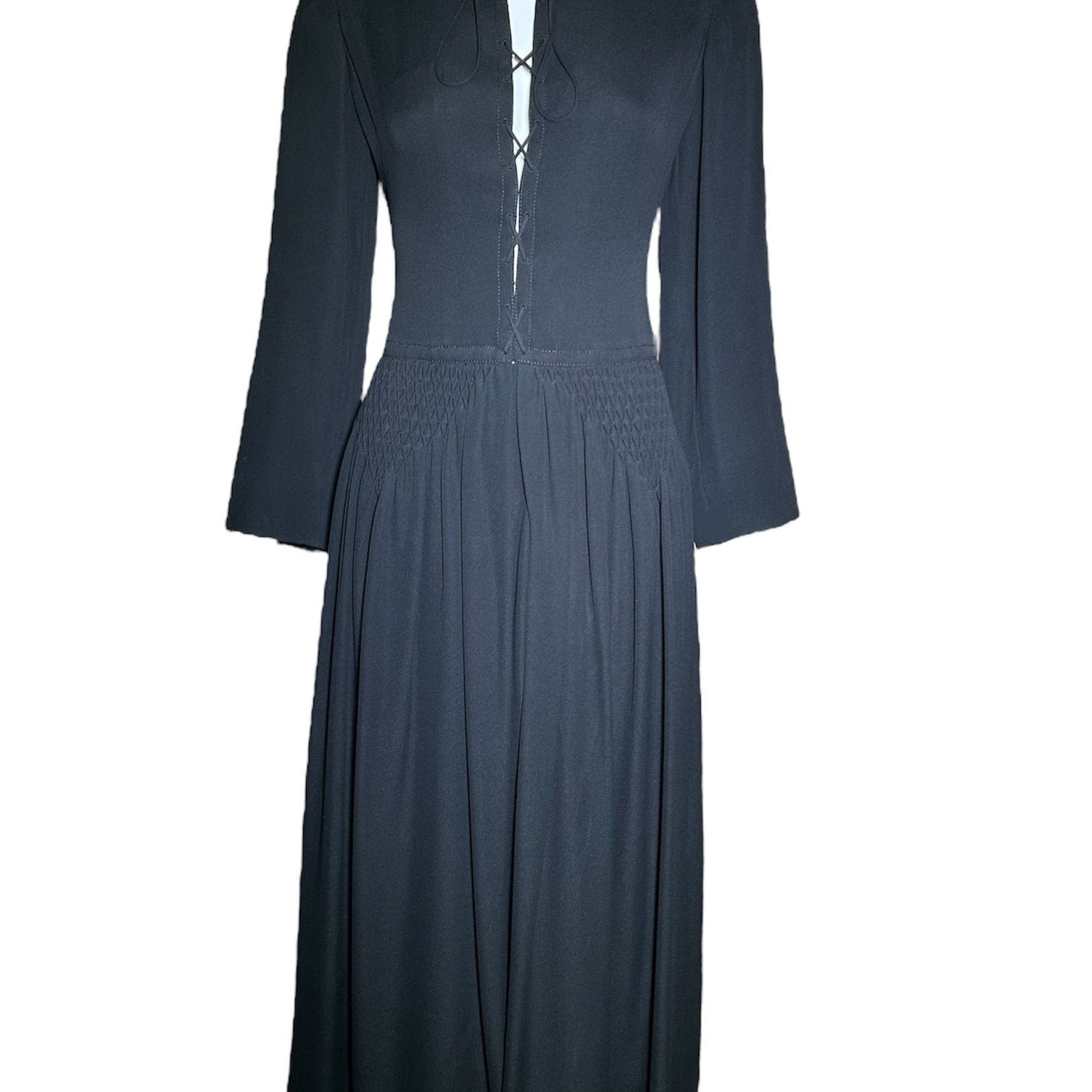 Galanos 70s Black Maxi Gown With Tie Up Bodice and Lattice Ruche Detailing FRONT PHOTO 1 OF 6