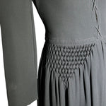 Galanos 70s Black Maxi Gown With Tie Up Bodice and Lattice Ruche Detailing DETAIL PHOTO 2 OF 6