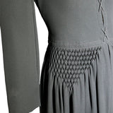 Galanos 70s Black Maxi Gown With Tie Up Bodice and Lattice Ruche Detailing DETAIL PHOTO 2 OF 6