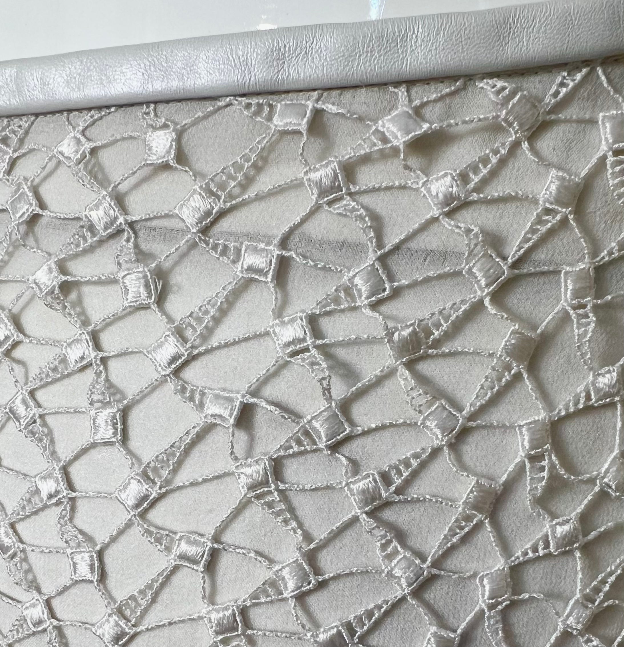 Richard Tyler Bride 1990's White Cut Out Column Gown w/Net Overlay, close up