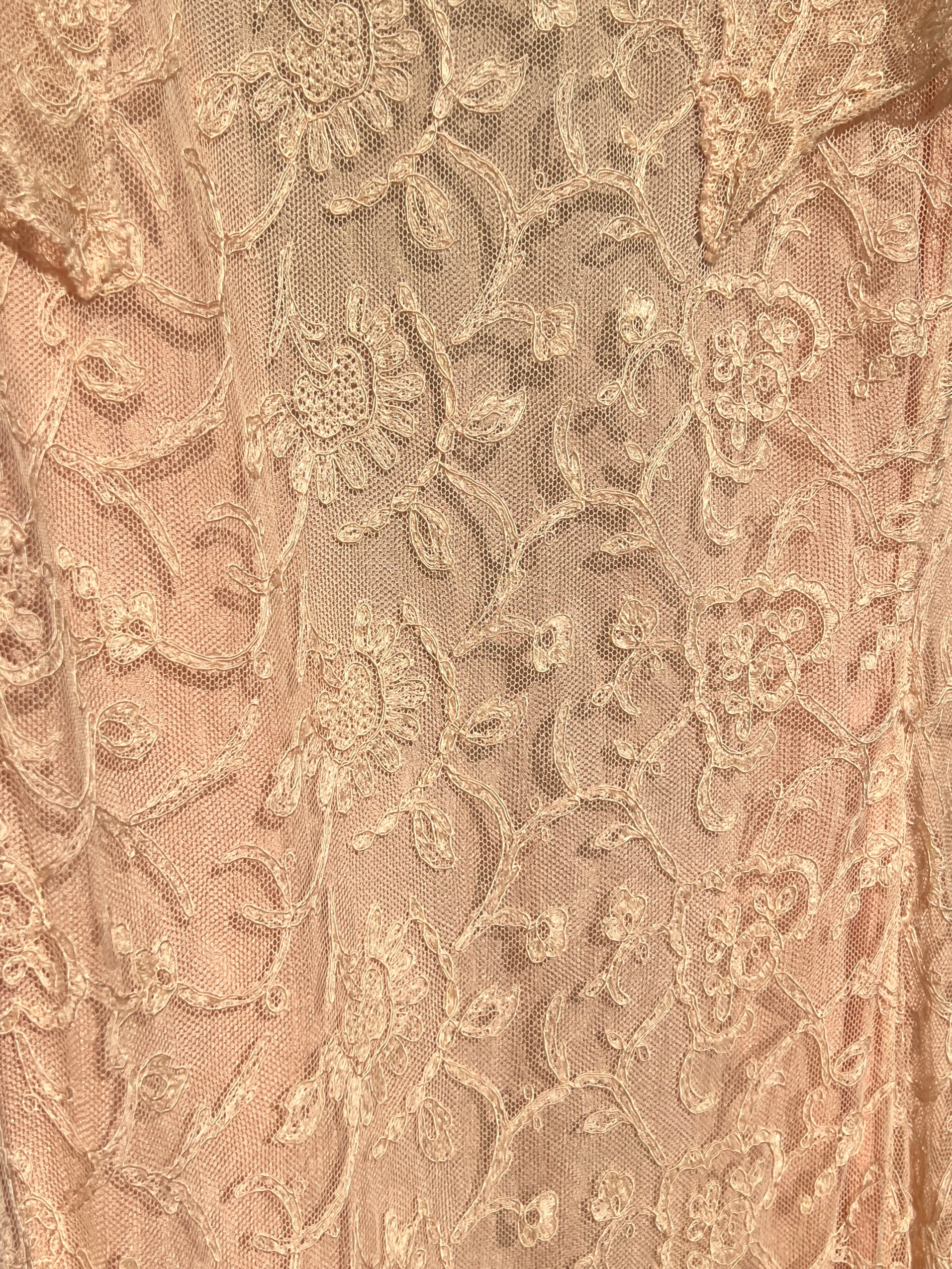 1930's Peach Lace and Silk Flutter Sleeve Dressing Gown LACE MOTIF