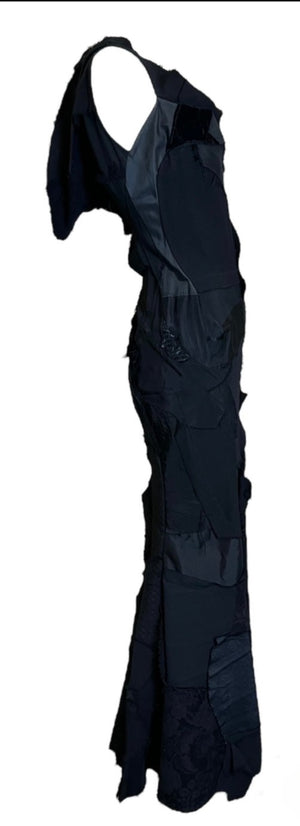  Junya Wantanabe for Comme des Garcons 2002 Black Wool Blend Patchwork Body Con Gown with Fluted Hem SIDE 2 of 8