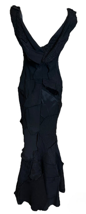  Junya Wantanabe for Comme des Garcons 2002 Black Wool Blend Patchwork Body Con Gown with Fluted Hem BACK 3 of 8