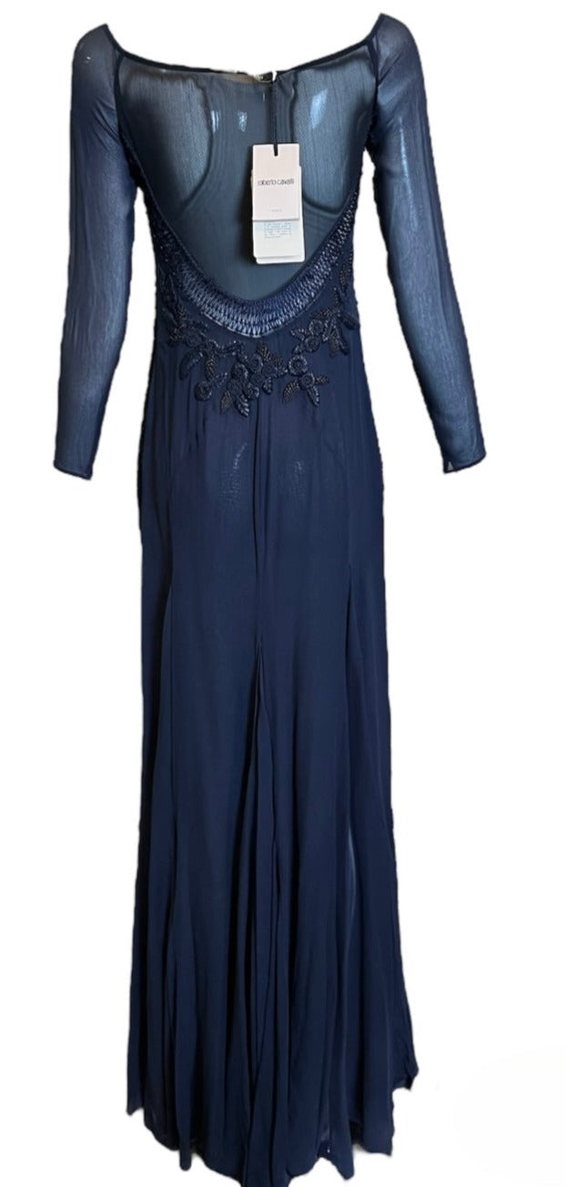 Roberto Cavalli 2000s Blue Mesh and Chiffon Embellished Gown THE WAY WE WORE Roberto Cavalli 2000s Blue Mesh and Chiffon Embellished Gown THE WAY WE WORE