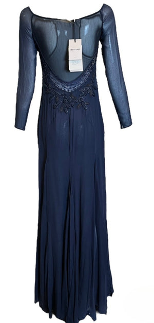   Roberto Cavalli 2000s Stunning Midnight Blue Sheer Mesh and Chiffon Heavily Embellished Long Sleeve Gown BACK 3 of 7