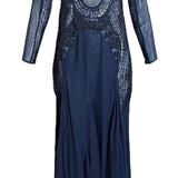   Roberto Cavalli 2000s Stunning Midnight Blue Sheer Mesh and Chiffon Heavily Embellished Long Sleeve Gown FRONT 1 of 7