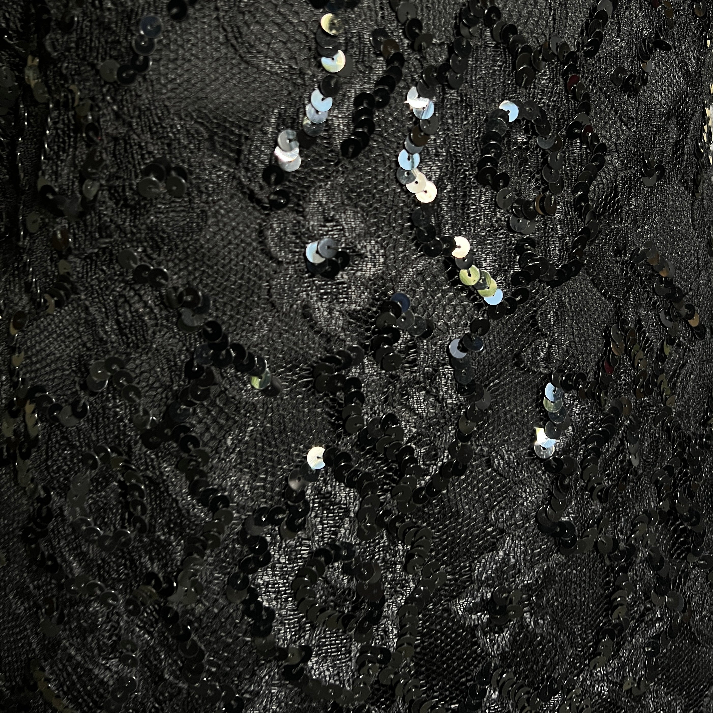 Saint Laurent 1980s Black Sequin and Lace Off Shoulder Mini Dress, close up