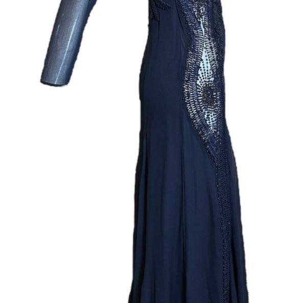   Roberto Cavalli 2000s Stunning Midnight Blue Sheer Mesh and Chiffon Heavily Embellished Long Sleeve Gown SIDE 2 of 7