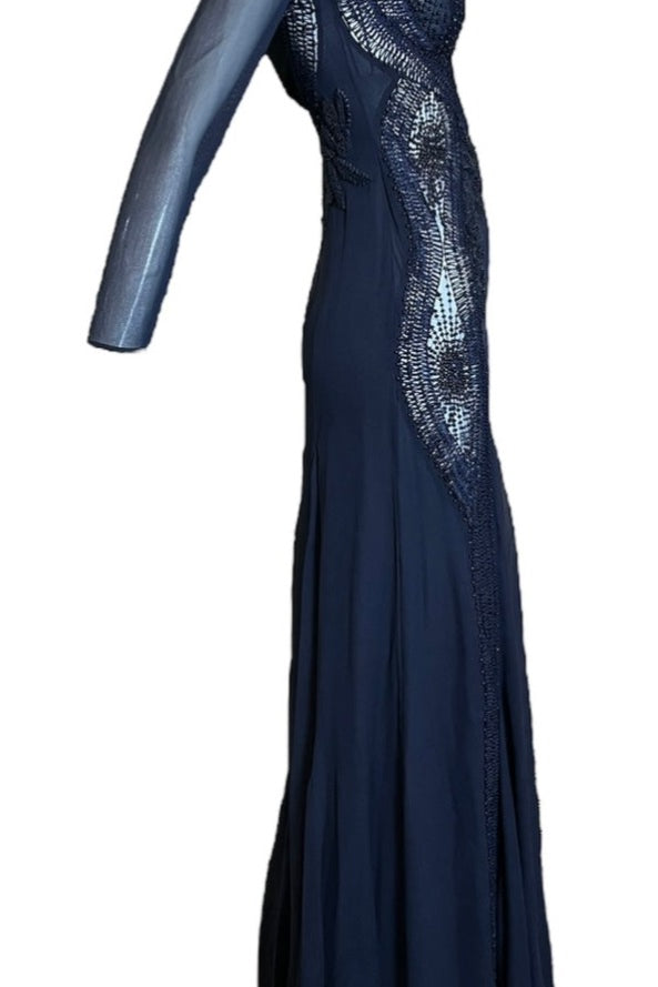   Roberto Cavalli 2000s Stunning Midnight Blue Sheer Mesh and Chiffon Heavily Embellished Long Sleeve Gown SIDE 2 of 7