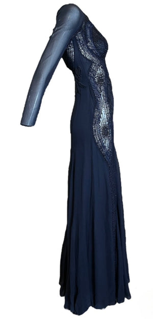   Roberto Cavalli 2000s Stunning Midnight Blue Sheer Mesh and Chiffon Heavily Embellished Long Sleeve Gown SIDE 2 of 7