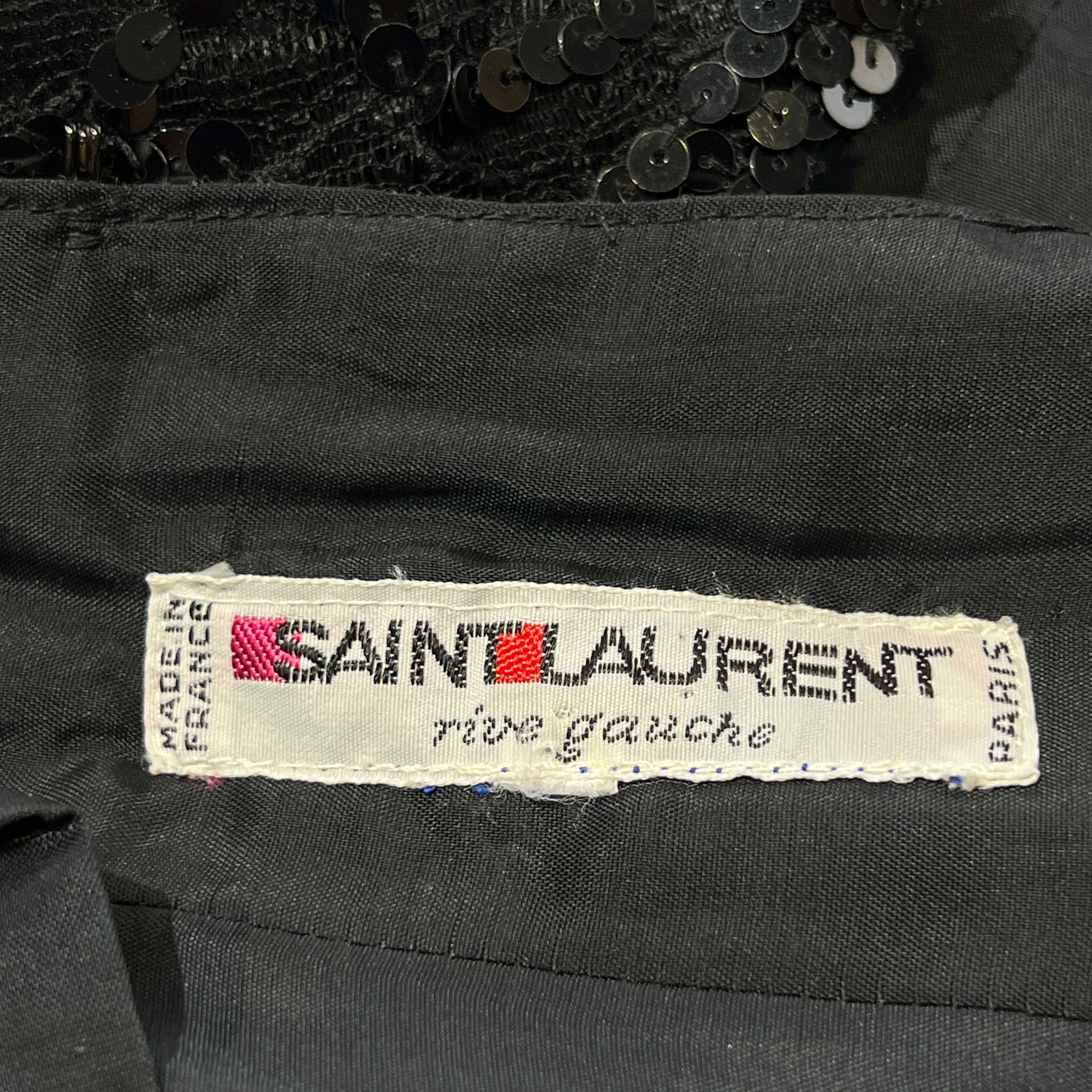 Saint Laurent 1980s Black Sequin and Lace Off Shoulder Mini Dress, label