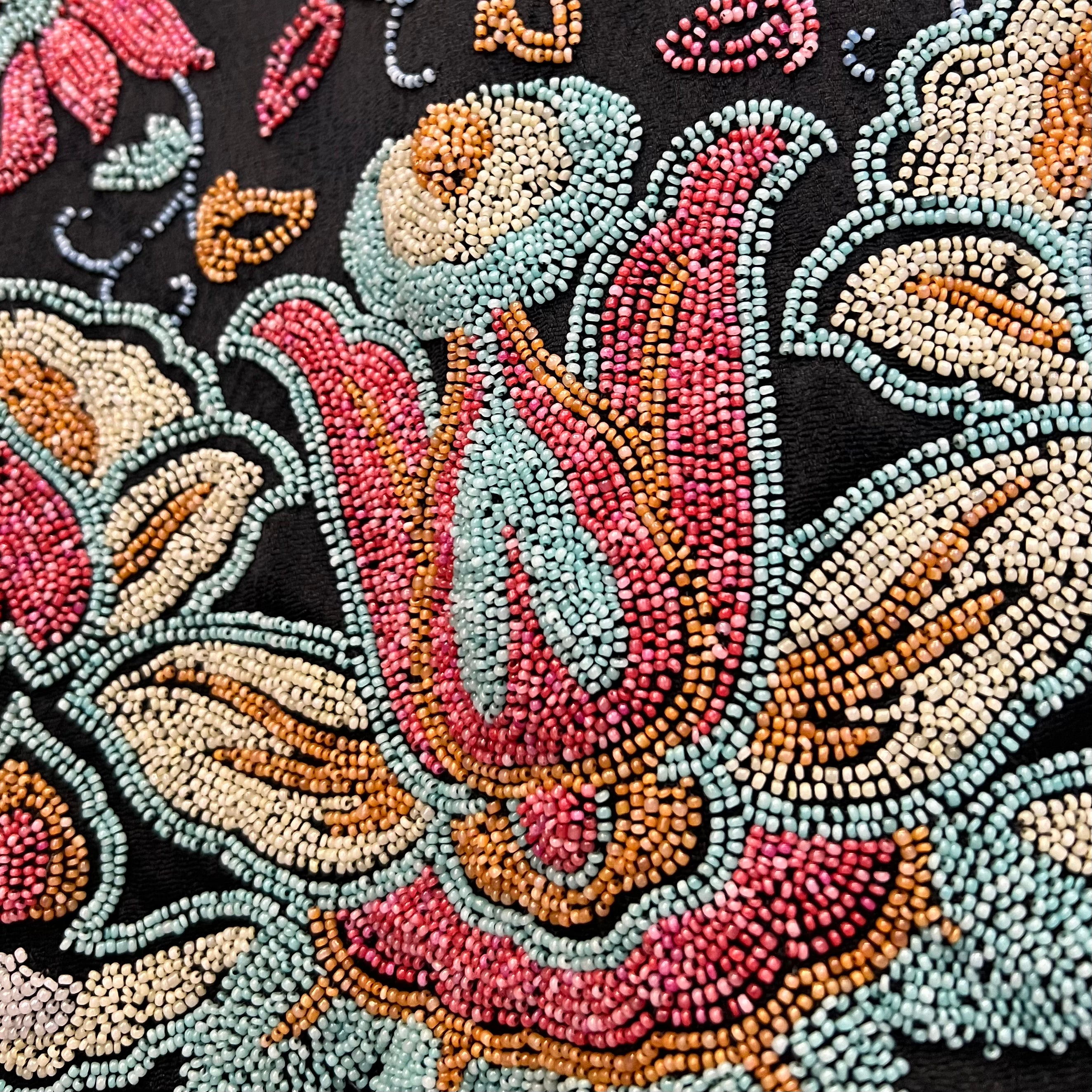 1920's Black Satin Cape with Dense Colorful Beading, close up