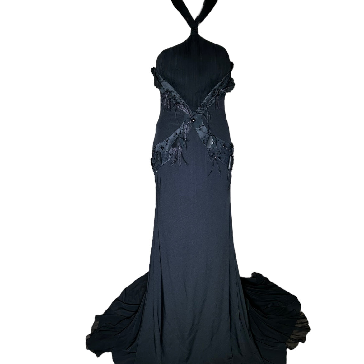 Lorena Sarbu Attributed Black Cross-Neck Chiffon Gown with Feather Accents & Shawl FRONT PHOTO 1 OF 8