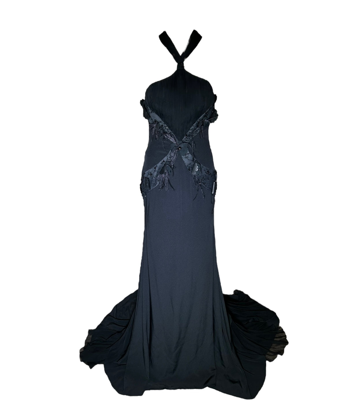 Lorena Sarbu Attributed Black Cross-Neck Chiffon Gown with Feather Accents & Shawl FRONT PHOTO 1 OF 8