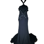 Lorena Sarbu Attributed Black Cross-Neck Chiffon Gown with Feather Accents & Shawl FRONT PHOTO 1 OF 8