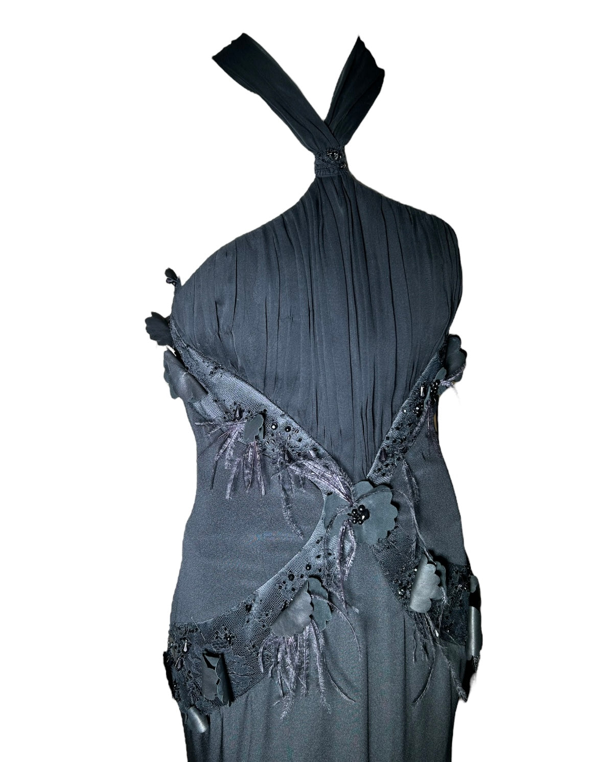 Lorena Sarbu Attributed Black Cross-Neck Chiffon Gown with Feather Accents & Shawl FRONT DETAIL PHOTO 3 OF 8