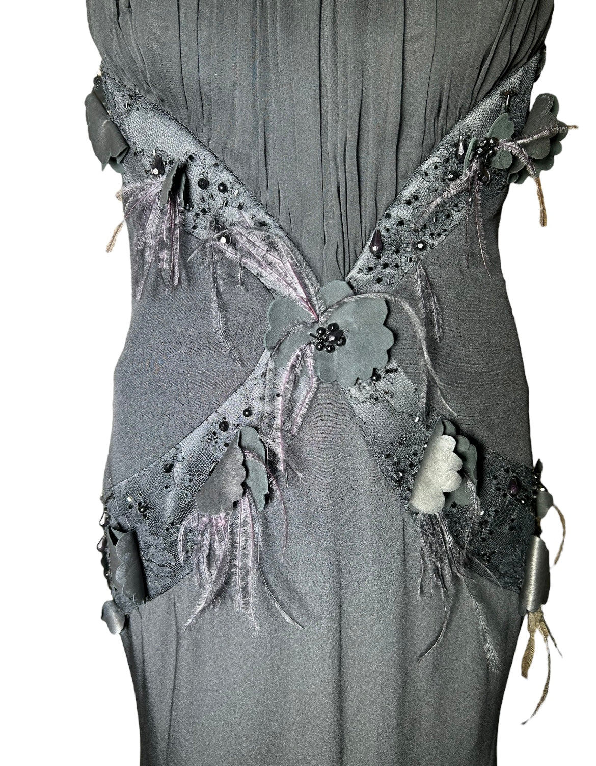 Lorena Sarbu Attributed Black Cross-Neck Chiffon Gown with Feather Accents & Shawl FLORAL ACCENT AND FEATHERS DETAIL 4 OF 8