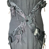 Lorena Sarbu Attributed Black Cross-Neck Chiffon Gown with Feather Accents & Shawl FLORAL ACCENT AND FEATHERS DETAIL 4 OF 8