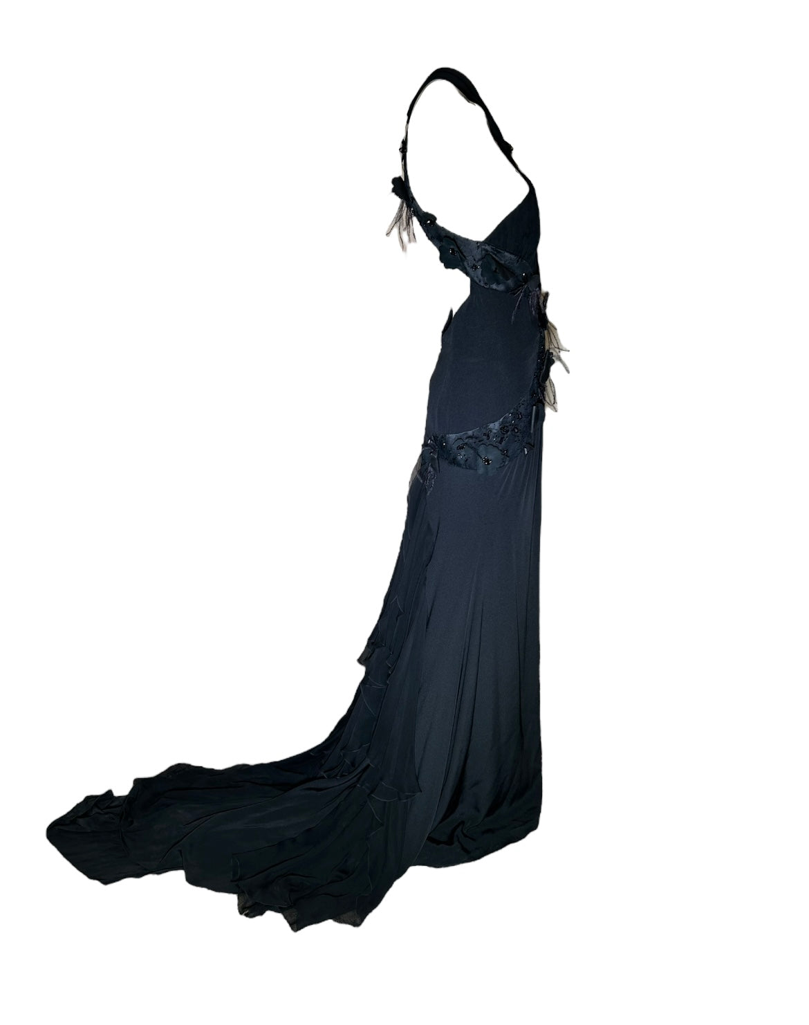 Lorena Sarbu Attributed Black Cross-Neck Chiffon Gown with Feather Accents & Shawl SIDE PHOTO 5 OF 8