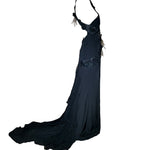 Lorena Sarbu Attributed Black Cross-Neck Chiffon Gown with Feather Accents & Shawl SIDE PHOTO 5 OF 8