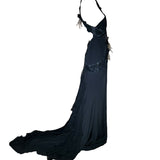 Lorena Sarbu Attributed Black Cross-Neck Chiffon Gown with Feather Accents & Shawl SIDE PHOTO 5 OF 8