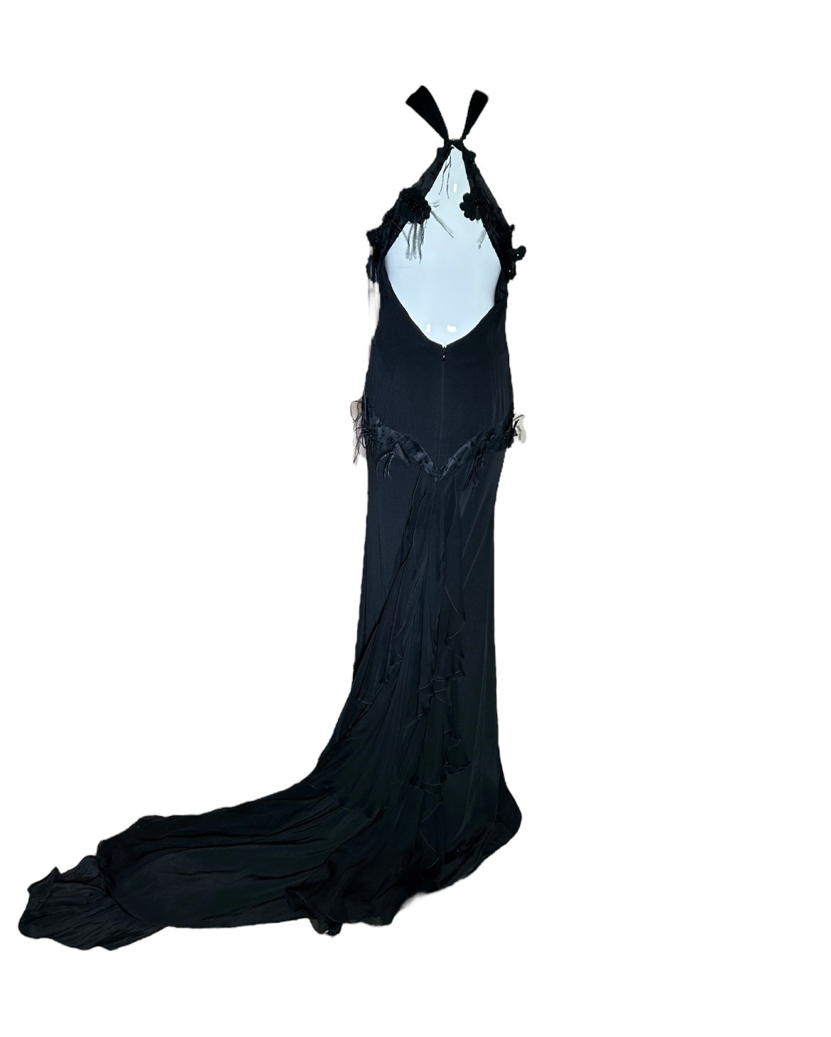 Lorena Sarbu Attributed Black Cross-Neck Chiffon Gown with Feather Accents & Shawl BACK PHOTO 6 OF 8