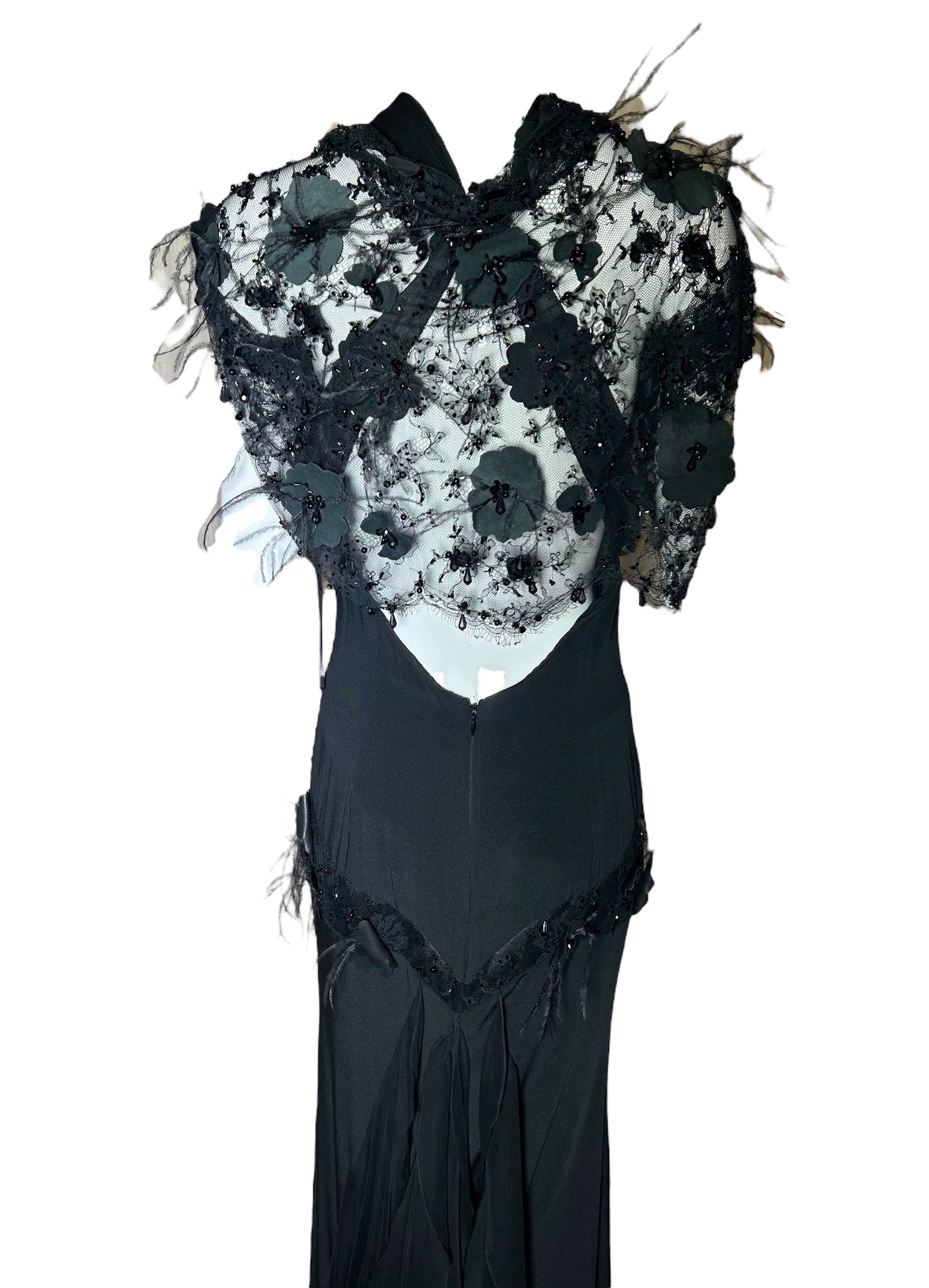 Lorena Sarbu Attributed Black Cross-Neck Chiffon Gown with Feather Accents & Shawl BACK PHOTO SHAWL 8 OF 8