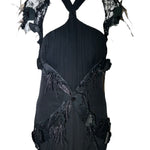 Lorena Sarbu Attributed Black Cross-Neck Chiffon Gown with Feather Accents & Shawl FRONT PHOTO WITH SHAWL 7 OF 8