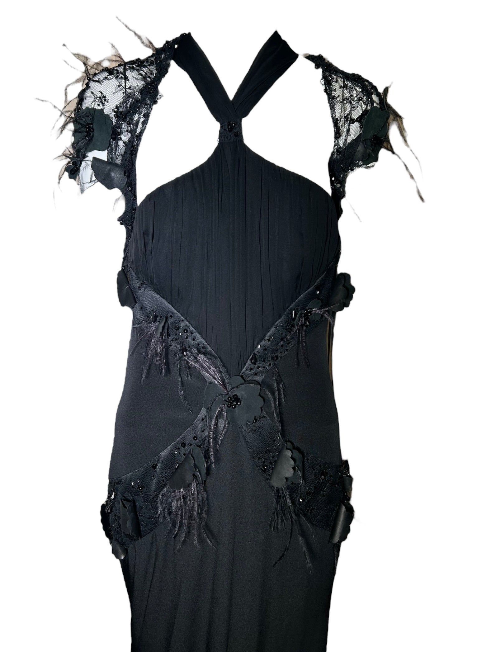 Lorena Sarbu Attributed Black Cross-Neck Chiffon Gown with Feather Accents & Shawl FRONT PHOTO WITH SHAWL 7 OF 8