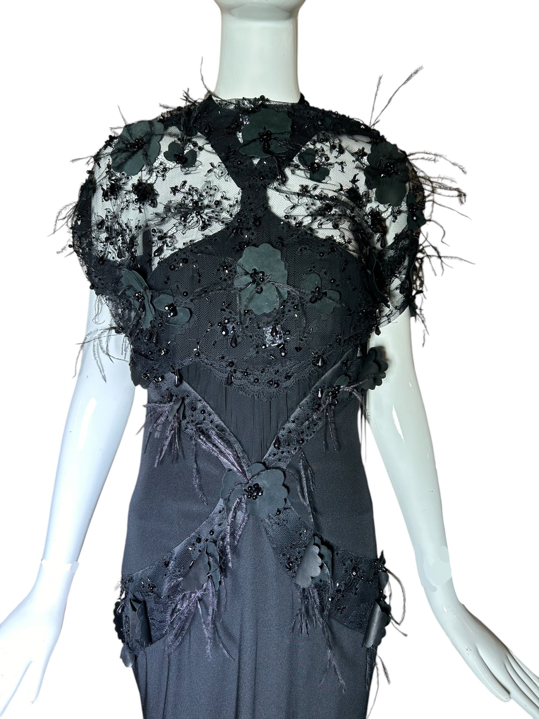 Lorena Sarbu Attributed Black Cross-Neck Chiffon Gown with Feather Accents & Shawl SHAWL COVER FRONT PHOTO 2 OF 8