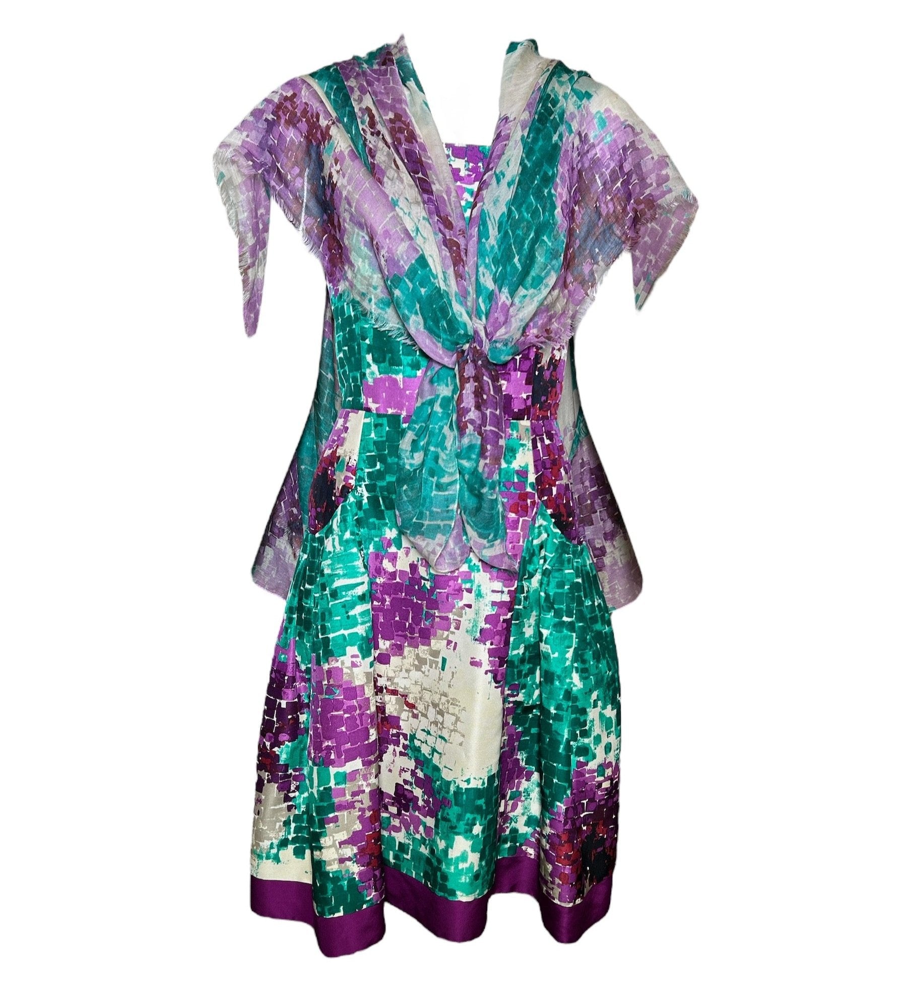 Oscar de la Renta 2010s Silk Purple Fit & Flare Dress w/ Maxi Shawl THE WAY WE WORE Oscar de la Renta 2010s Silk Purple Fit & Flare Dress w/ Maxi Shawl THE WAY WE WORE