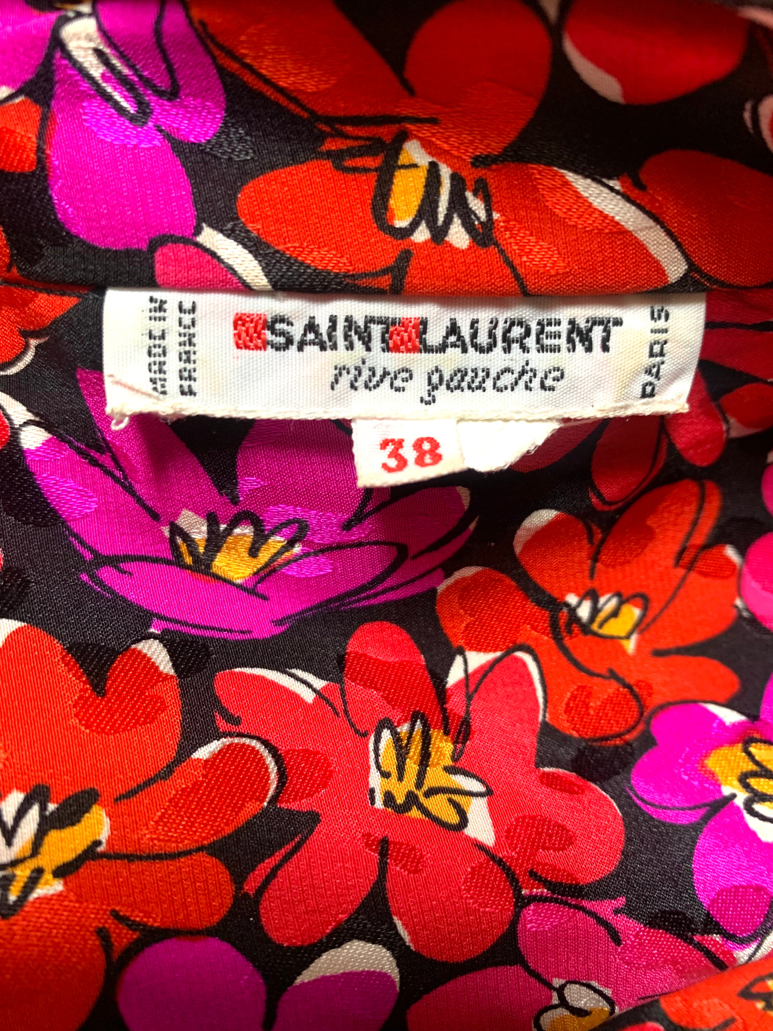1989 Saint Laurent Magenta Silk Floral Print Dress Ensemble TAG DETAIL