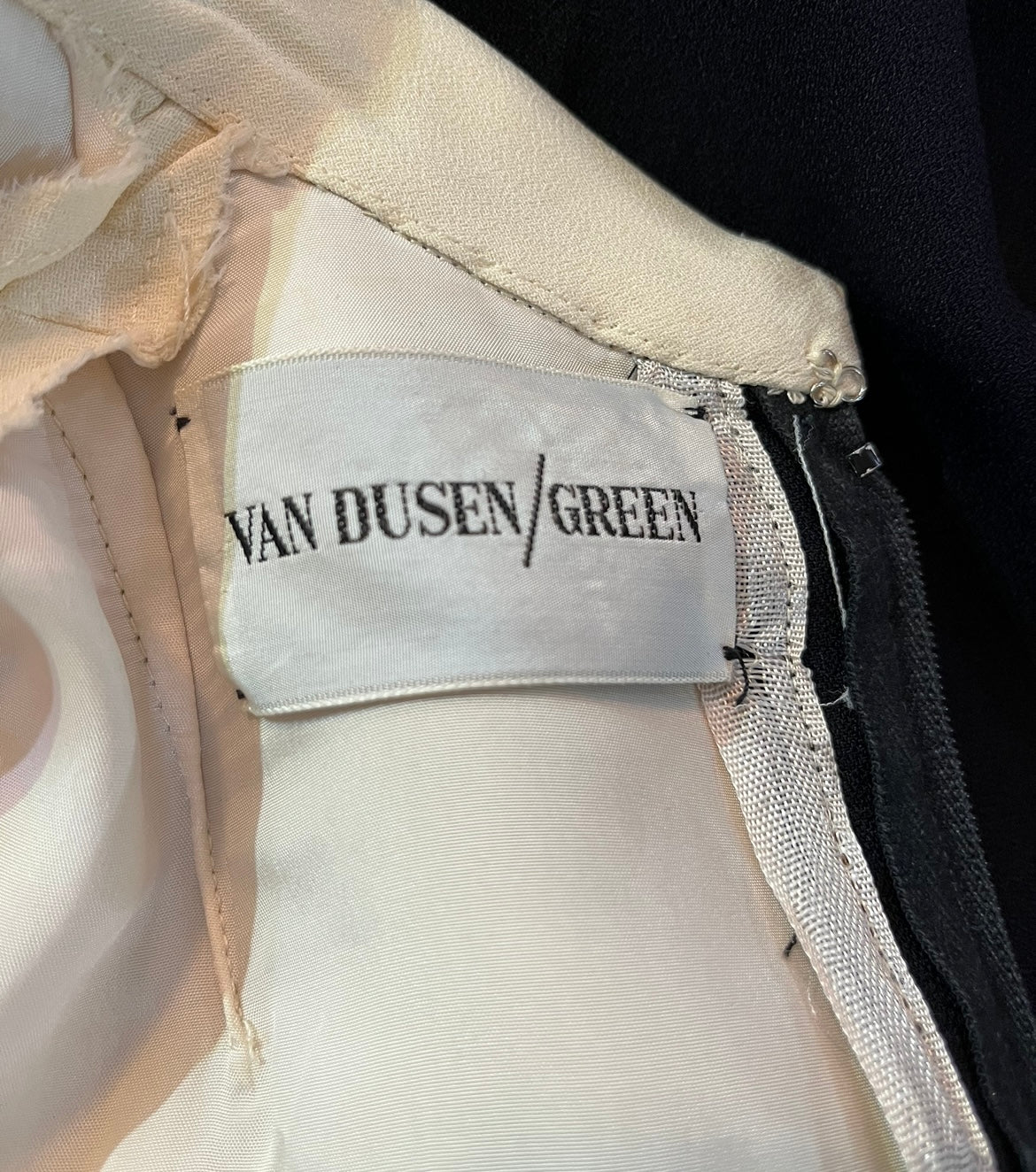 Van Dusen/Green 1970's Ivory and Black Crepe Bishop Sleeve Jumpsuit with Brown Velvet Trim, label