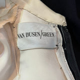 Van Dusen/Green 1970's Ivory and Black Crepe Bishop Sleeve Jumpsuit with Brown Velvet Trim, label