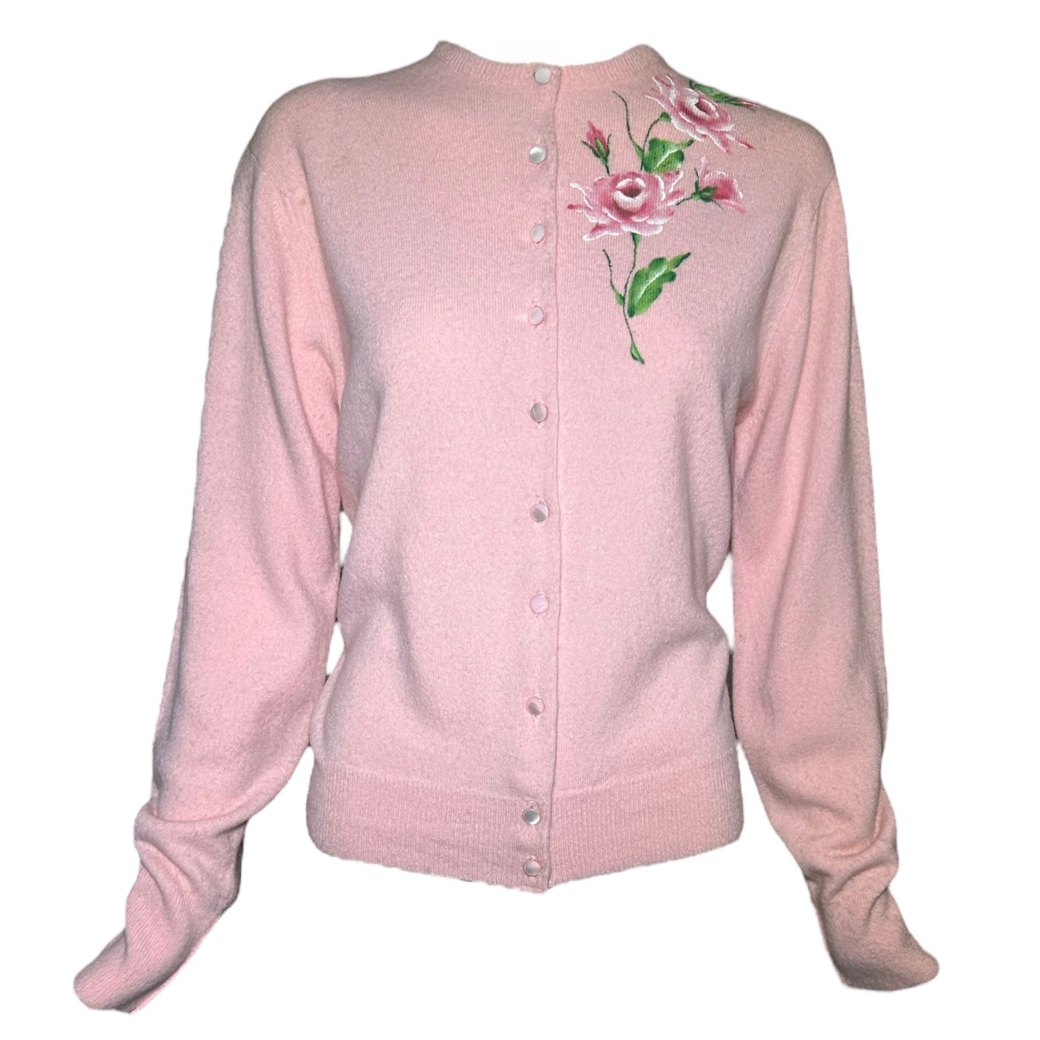 1950s Schiaparelli Pink Cashmere Hand Painted Floral Sweater FRONT PHOTO 1 OF 7